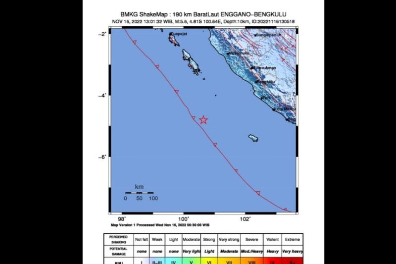BMKG: Gempa berkekuatan magnitudo 5,6 guncang Enggano