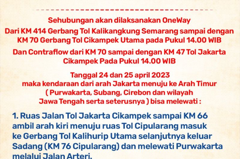 Siang ini Polri berlakukan one way dari KM 414 sampai KM 70 Siang ini Polri berlakukan one way dari KM 414 sampai KM 70