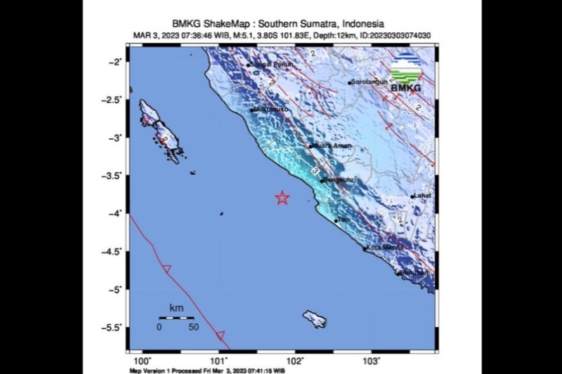 Barat daya Bengkulu diguncang gempa magnitudo 5,1 Barat daya Bengkulu diguncang gempa magnitudo 5,1