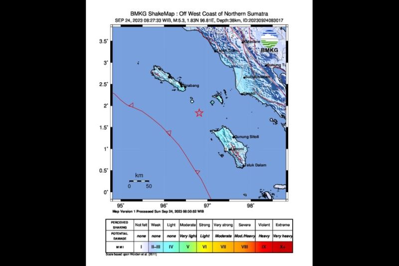 Gempa bermagnitudo 5,3 terjadi di barat laut Nias Utara