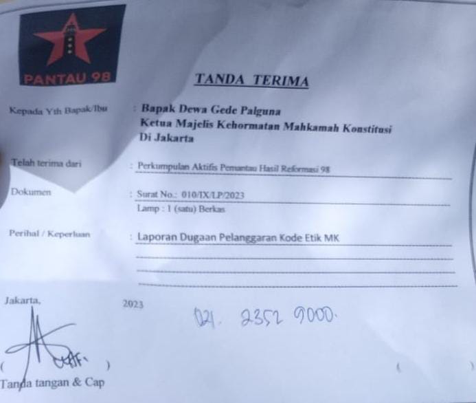 Diduga langgar kode etik, Pantau 98 laporkan Ketua MK ke Majelis Kehormatan MK Diduga langgar kode etik, Pantau 98 laporkan Ketua MK ke Majelis Kehormatan MK