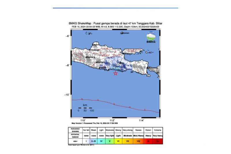 Gempa tektonik magnitudo 4,6 guncang Blitar Gempa tektonik magnitudo 4,6 guncang Blitar