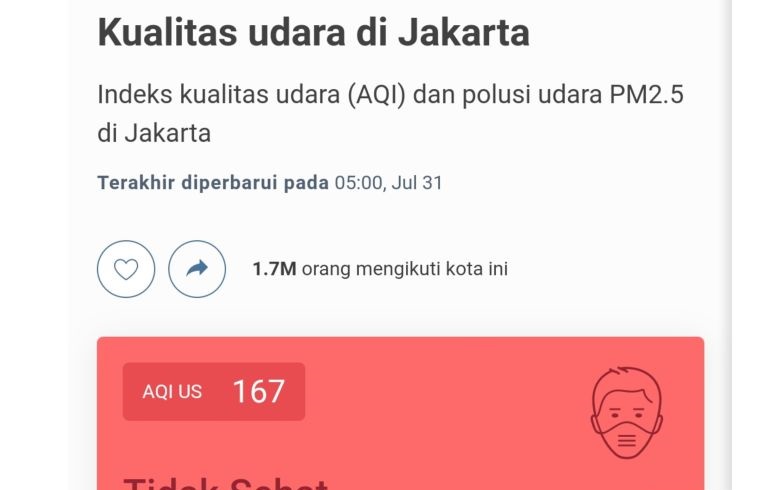 Hari ini kualitas udara Jakarta masih tidak sehat Hari ini kualitas udara Jakarta masih tidak sehat