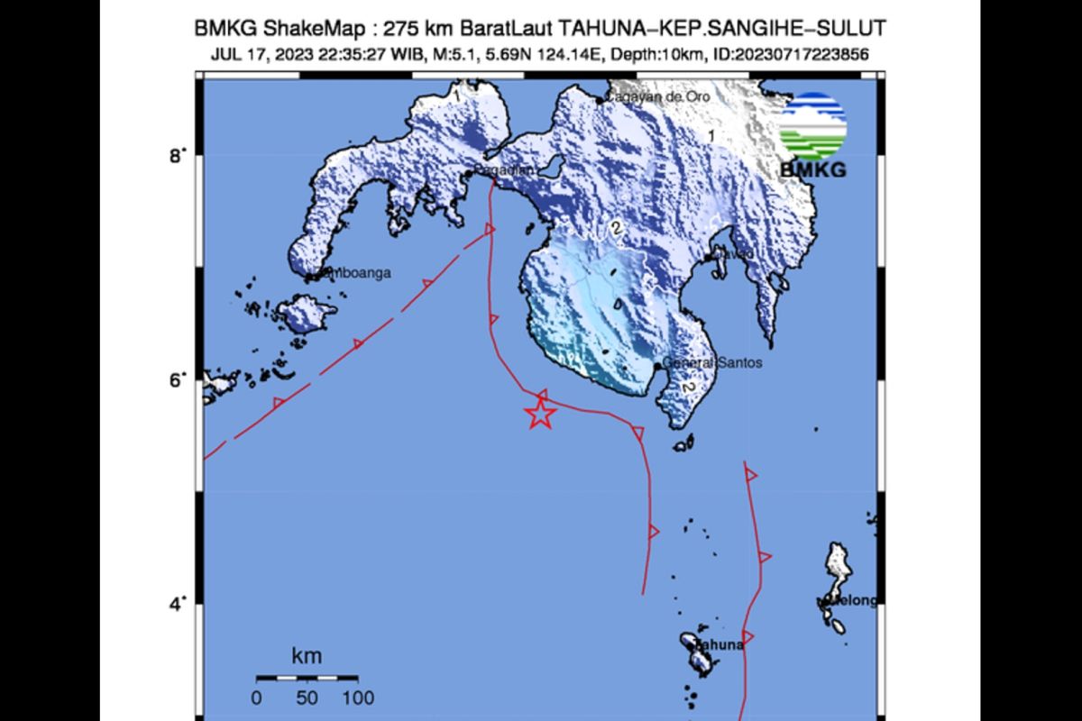 Gempa magnitudo 5,3 guncang laut barat laut Kepulauan Sangihe