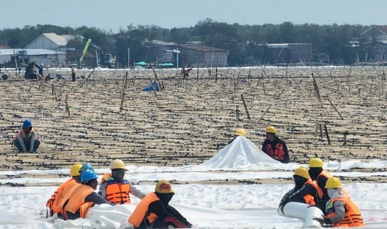 Mengayam matras bambu untuk tol tanggul laut Semarang-Demak