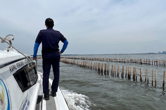 Petugas KKP terjun ke lokasi pemagaran laut di perairan Bekasi