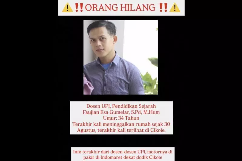 Dosen Pendidikan Sejarah Universitas Pendidikan Indonesia hilang sejak enam hari lalu Dosen Pendidikan Sejarah Universitas Pendidikan Indonesia hilang sejak enam hari lalu