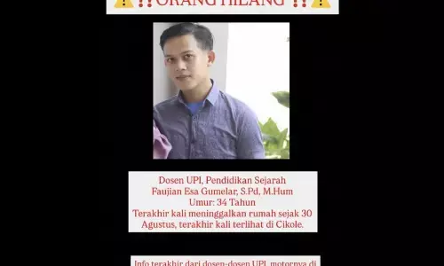Dosen Pendidikan Sejarah Universitas Pendidikan Indonesia hilang sejak enam hari lalu Dosen Pendidikan Sejarah Universitas Pendidikan Indonesia hilang sejak enam hari lalu
