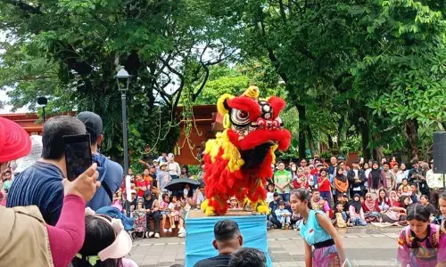 Pengunjung nikmati atraksi barongsai di TMII
